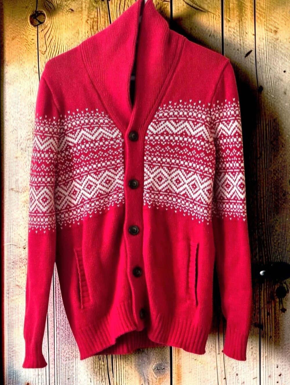 Old Navy Red Fair Isle Cardigan Cowl Neck Button Up Sz S   Winter Cabin Holiday